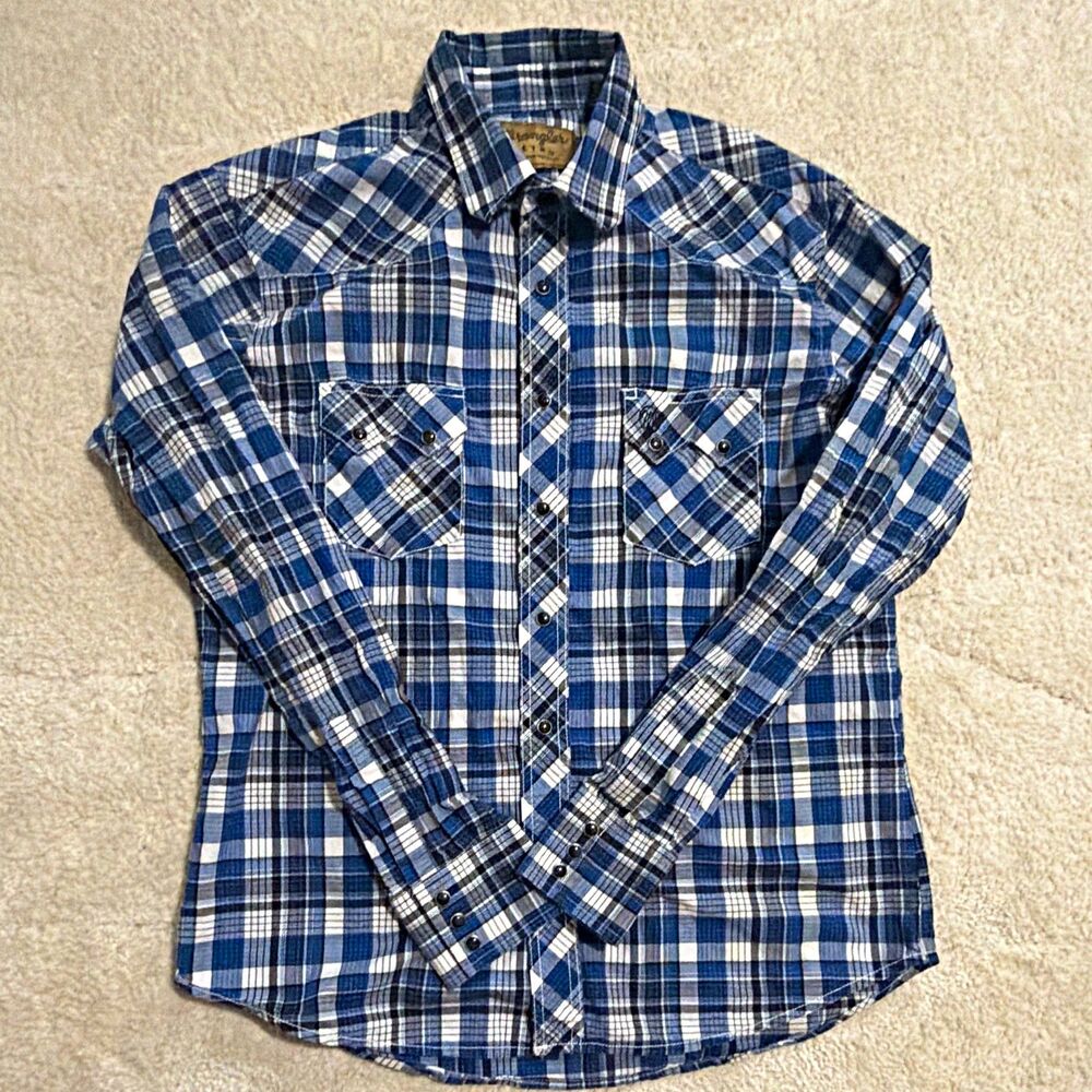 Wrangler Retro Mens L Blue White Plaid Long Sleeve Western Pearl Snap Buttons
